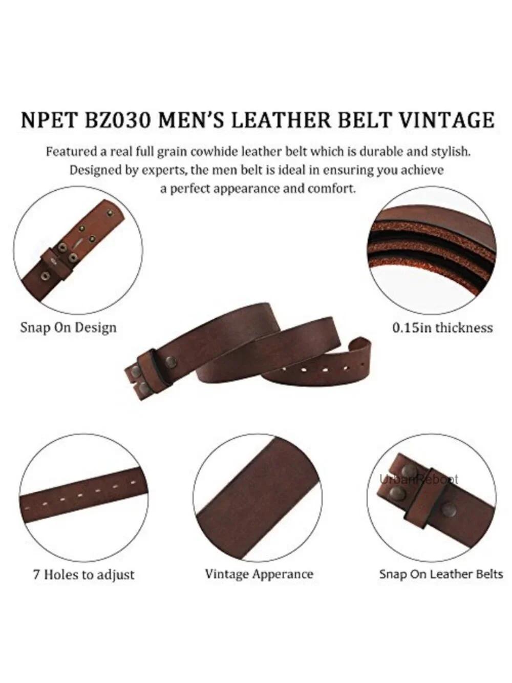 Men's Full Grain Leather Vintage Distressed Belt with Snap-On Strap 1.5